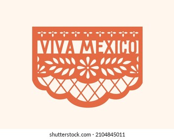 Papel Picado for Dia de los Muertos. Mexican pecked paper banner with flower pattern and Viva Mexico, Latin text. Traditional perforated flag, ornament for Day of Dead. Flat vector illustration