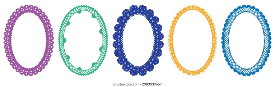 Papel picado ellipse frames. Traditional mexican style cut out templates for greeting card, banner, flier. Vector illustration.