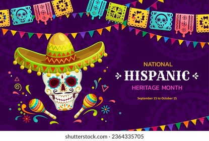 Papel picado flags and calavera skull with maracas, national hispanic heritage month festival banner. Vector background for celebration annual event honoring cultural contribution of spanish community