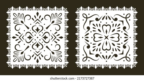 Papel Picado Floral Banners. Black and white Mexican festive decorations.