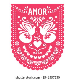 Papel Picado with floral design, birds and hearts for the Mexican holiday. Fiesta wedding decoration.