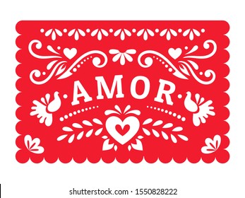 Papel Picado with floral design, birds and hearts for the Mexican holiday. Fiesta wedding decoration.