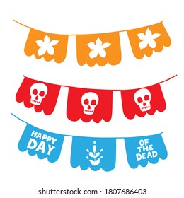 Papel picado garland with skull. Dia de los muertos. Happy Day of the Dead. All souls day, mexicano tradicional festive family holiday. Bunting. Remembering. Spanish ethnic carnival. Hand lettering. 