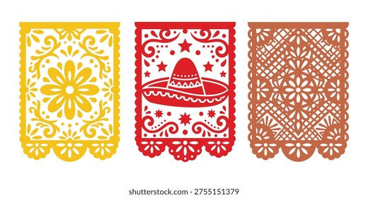 Papel picado Mexican banners featuring a sombrero stars and flowers perfect for Cinco de Mayo festivities and traditional cultural events