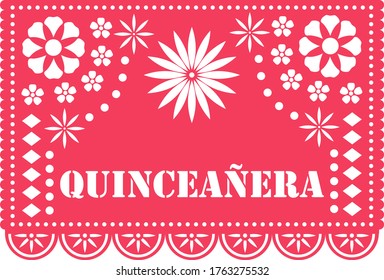 Quinceañera papel picado. Mexican cut out paper folk art decorated with flowers.