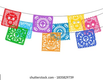 Papel picado. Ist mexikanischer Tag der Todeskutschpapier-Flaggen für Straßen-Gärtnerei, bunte Zierlinien
