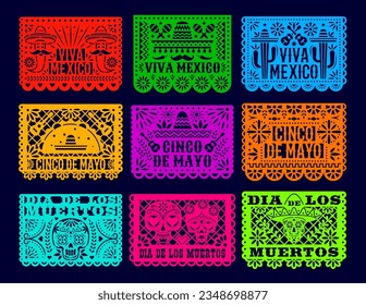 Papel picado mexican dia de los muertos holiday flags, day of the dead paper cut banners. Isolated vector laser cutting templates, traditional Mexico decoration with floral pattern, skulls, peppers