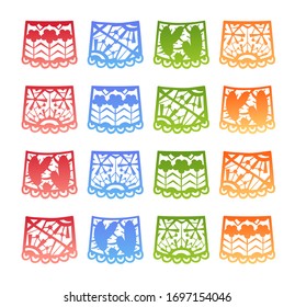 Papel picado - mexican fiesta colorful bunting set. Colorful paper flags for fiesta. Vector flat illustration isolated on white background