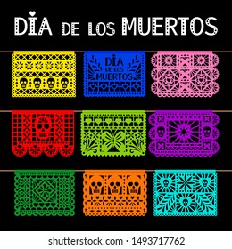 Papel picado. Mexican hanging pecked perforated paper decoration flags for for day of the dead, dia de los muertos, party, vector illustration