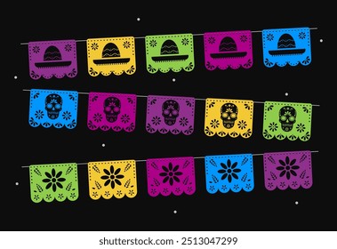 Papel picado mexikanische Feiertagskränze von Flaggen. Tag der Toten. Traditionelle mexikanische Dekoration auf schwarzem Hintergrund.