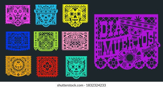 Papel picado, Mexican paper banners and pecked flags, vector. Mexico fiesta decoration papel picado traditional design for day of dead Dia de Muertos, paper cut skull in sombrero and flowers ornament