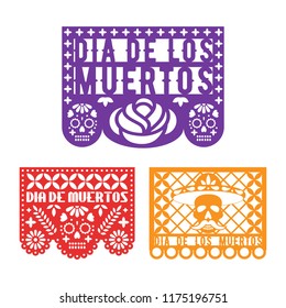 Papel picado, mexican paper decoration for Dia De Los Muertos holiday. Day Of The Dead. Vector template for paper garland.