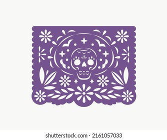 Papel picado, Mexican paper flag with perforated cut pattern of flowers, leaf and Catrina skull. Traditional pecked bunting banner for Mexico holiday. Isolated flat graphic vector illustration