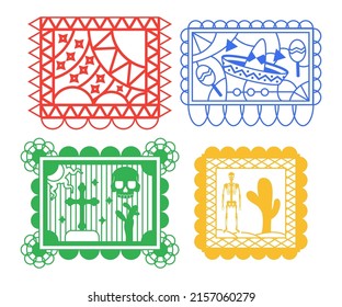 Papel picado mexican perforated paper vector set isolated on a white background.