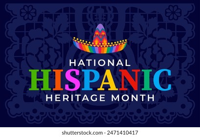 Papel picado paper cut flag and sombrero hat on national Hispanic heritage month, vector banner. Mexican sombrero with Latin pattern ornament for Hispanic American ethnic culture or tradition heritage