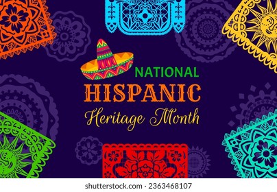 Papel picado paper cut flags on national Hispanic heritage month banner with sombrero, vector background. Hispanic Americans or Mexican ethnic tradition and culture festival of national folk art