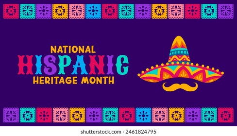 Papel picado paper cut flags and sombrero hat on national Hispanic heritage month, vector banner Mexican culture, traditions and art banner of Latin Americans folk heritage with ethnic ornament