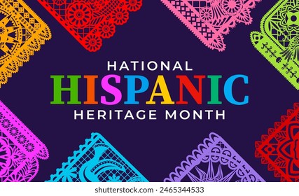 Papel picado paper cut flags on national Hispanic heritage month banner, vector Latin ornament. Hispanic Americans culture holiday or festival of tradition and art with ethnic papel picado flags