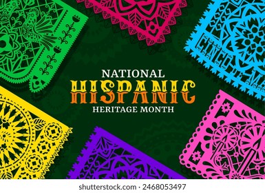 Papel picado oder Papierschnitt Fahnen für nationales hispanisches Erbe Monat, Vektorgrafik Banner. Hispano-Amerikaner oder mexikanischer Feiertag der ethnischen Tradition und Kultur, nationaler Volkskunstfestival Hintergrund