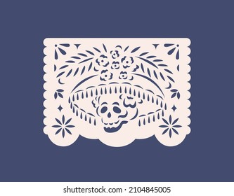 Papel Picado, paper flag for Day of the Dead, Dia de los Muertos. Mexican pecked banner with skull and flowers ornament. Traditional ethnic Mexico decoration with skeleton. Flat vector illustration