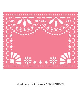 Papel Picado pink vector floral template design with abstract shapes, retro Mexican paper decorations pattern, traditional fiesta banner. Folk art, retro ornament form Mexico, cut out composition with