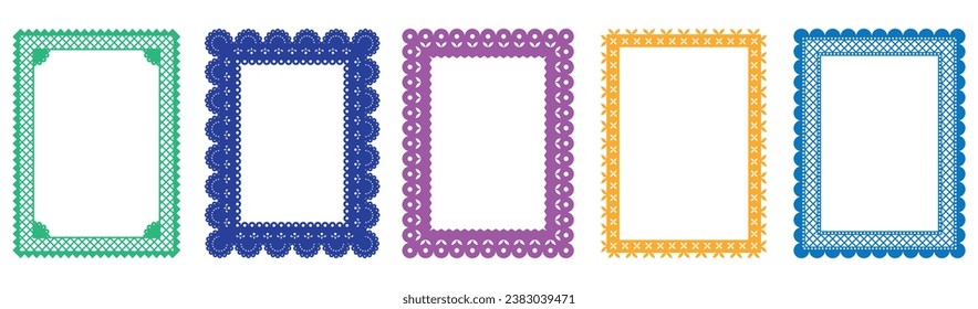 Papel picado rectangle frames. Traditional mexican style cut out templates for greeting card, banner, flier. Vector illustration.