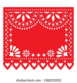 Papel Picado red vector floral template design with abstract shapes, retrop Mexican paper decorations pattern, traditional fiesta banner - greeting card for wedding or Valentine's Day. 