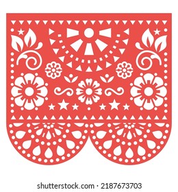 Papel Picado red vector floral design with abstract shapes, retro Mexican paper cutout pattern, traditional fiesta banner - greeting card or party decoration.   
Folk art, retro ornament form Mexico,