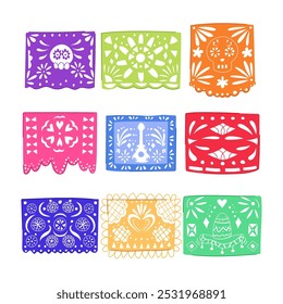 Papel Picado Set Cartoon. mexikanische bunte, Kultur handgemacht, aufwändige festliche Papel Picado Zeichen. einzelne Symbol, Vektorgrafik