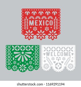 Papel Picado Set, Mexican Paper Decorations For Party. Cut Out Compositions For Paper Garland. Vector Template Design.