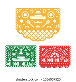 Papel Picado set, Mexican paper decorations for Cinco De Mayo. Cut out compositions design for paper garland. Vector template design.