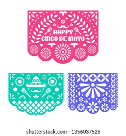 Papel Picado set, Mexican paper decorations for Cinco De Mayo. Paper garland. Vector template design.