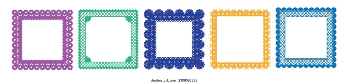 Papel picado square frames. Traditional mexican style cut out templates for greeting card, banner, flier. Vector illustration.