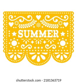 Papel Picado summer holidays vector design - traditional paper cutout garland decoration from Mexico. Mexican folk art - vacation greeting card or home decor with suns, hearts and flowers
  
 