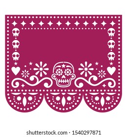 Papel Picado template design with sugar skulls, Mexican paper cut out garland background perfect for Halloween and Day of the Dead. Papel Picado purple geometric decoration, party ornament from Mexico