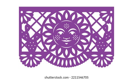 Papel Picado. Traditional Mexican paper cut out for holiday paper garland. Mexicano festive flag, decoration for Day of Dead. Vector stencil or templates with cun, cactus and ornament