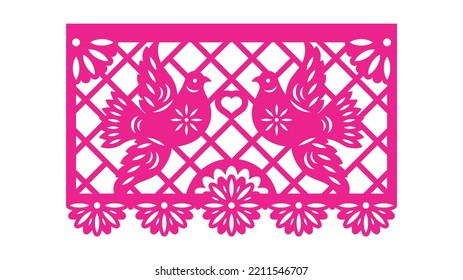 Papel Picado. Traditional Mexican paper cut out for holiday paper garland. Mexicano festive flag, decoration for Day of Dead. Vector stencil or templates with two birds and hispanic ornament