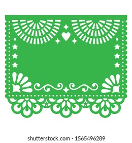 Papel Picado vector blank template design, floral green design with abstract shapes, retro Mexican paper decorations pattern
  