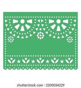 Papel Picado Vektor leere Vorlage mexikanisches Design, florales grünes rundes Muster mit Blumen, inspiriert von den Papierausschnitt-Dekorationen. Traditionelle Party- oder Fiesta-Banner ohne Text, Ornament aus Mexiko