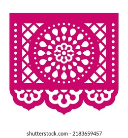 Papel Picado Vektordesign mit Blumen, Gitter und geometrischen mandala Form, mexikanische Ausschnitt-Papier-Gartendekoration. Traditionelle Party-Banner aus Mexiko, florale Retro-Komposition einzeln auf Weiß  
 