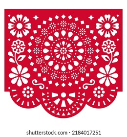 Papel Picado Vektordesign mit geometrischen Mandala und Blumen, mexikanische Schnitttagärten-Dekoration auf rotem Hintergrund. Traditionelle Party-Banner aus Mexiko, Blumenretro-Komposition 
  
 