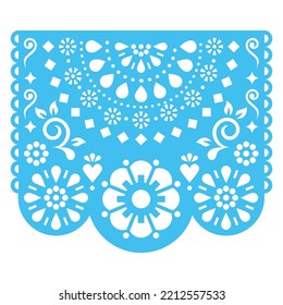 Diseño vectorial Papel Picado con medio mandala geométrica y flores, decoración de guirnaldas de papel de corte mexicano en azul sobre fondo blanco. Banner de partido tradicional de México, composición floral retro