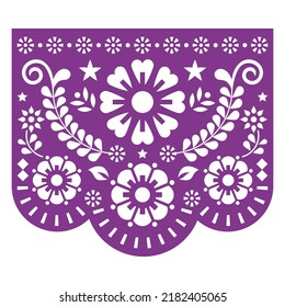 Papel Picado vector design inspired by traditional cut out decoration from Mexico with flowers and geometric shapes - greeting card, party decor. Mexican fiesta garland background in purple