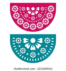 Papel Picado vector design set of two party decorations, Mexican fiesta garland decor with flowers and geometric shapes. 
Traditional cutout patterns inspired by folk art from Mexico with floral art