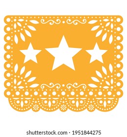 Papel Picado vector design with three stars in yellow, Mexican paper decoration with flowers and geometric shapes. Traditional party decor banner form Mexico, cut out floral retro composition 