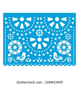 Papel Picado Vektor-Design mit zwei Vögeln und Blumen, mexikanische Kreuzung Papier-Gartengartendekoration in Blau auf Weiß. Traditionelle Party-Banner aus Mexiko, Blumenretro-Komposition 
 
  