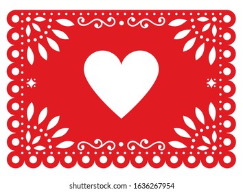 Papel Picado vector design for Valentine's Day with heart shape, red Mexican paper cut out decoration with flowers and geometric shapes - greeting card or invitation. Traditional love ornamental banne