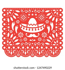 Papel Picado Vektor Blumendesign mit Sombrero und Chilischoten, mexikanische Papierdekorationen Vorlage in Orange, traditionelles Fiesta Banner. Folkkunst, Retro-Ornament aus Mexiko, Schnitt-Komposition 