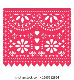 Papel Picado vector floral template design with abstract shapes, Mexican paper decorations pattern in pink red, traditional fiesta banner. Folk art, retro ornament form Mexico, orange  design