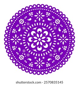 Papel Picado vector floral template round design with flowers, Mexican party paper decorations pattern in purple